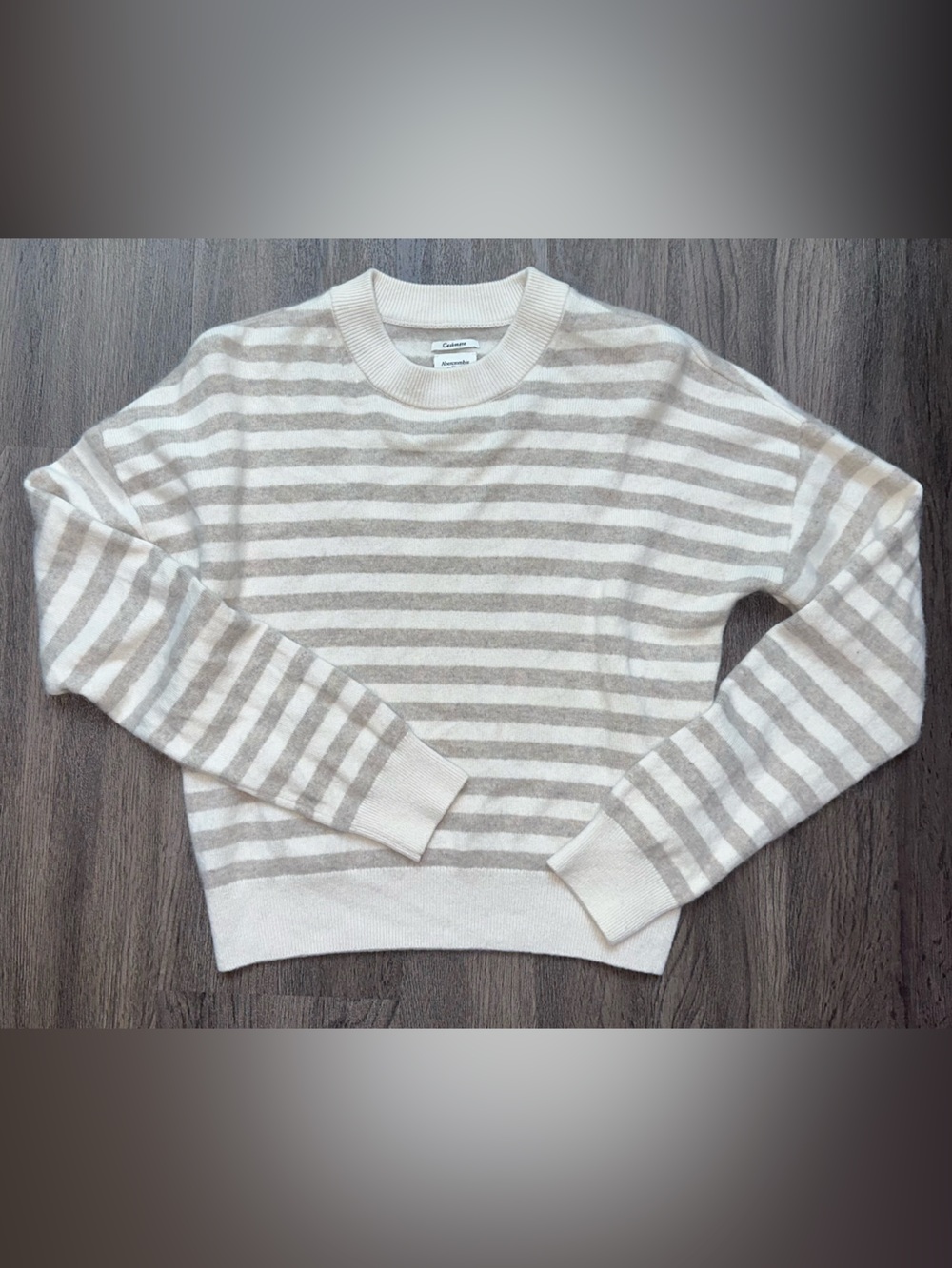 Abercrombie & Fitch 100% Cashmere Striped Crewneck Sweater - Cream & Light Taupe